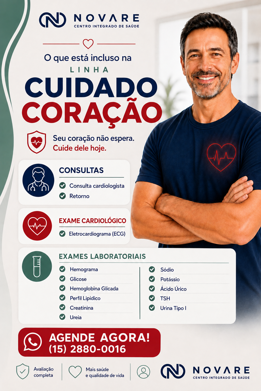 Resumo da Linha Cuidado Coração: consultas, ECG e exames laboratoriais — Novare, Tatuí/SP