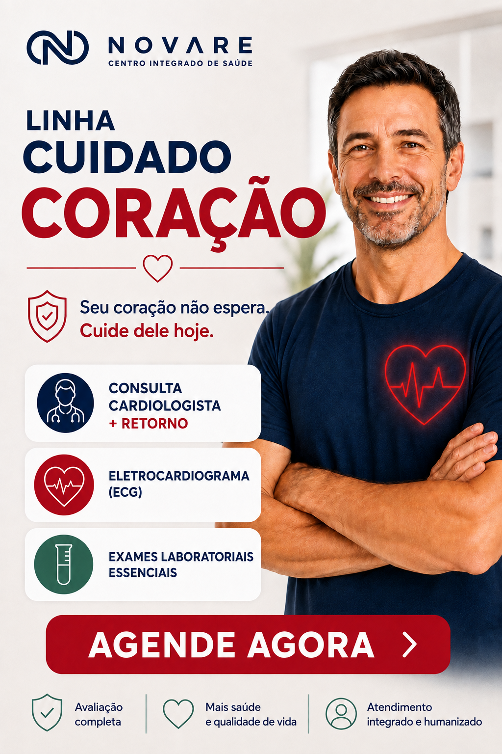Homem adulto sorrindo em ambiente claro — Linha Cuidado Coração da Novare em Tatuí/SP