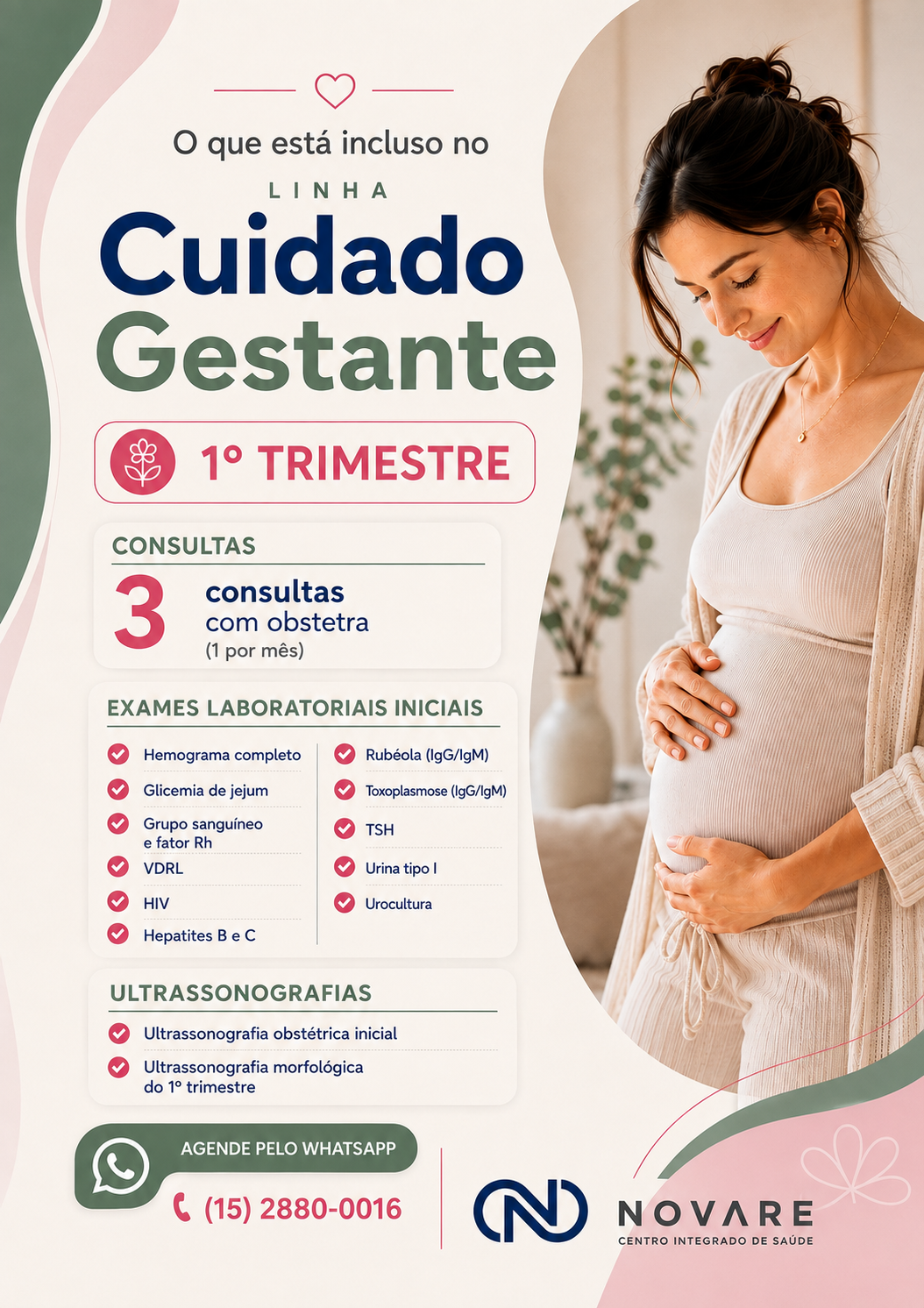 Gestante em ambiente claro apoiando as mãos sobre a barriga — Linha Cuidado Gestante da Novare em Tatuí/SP